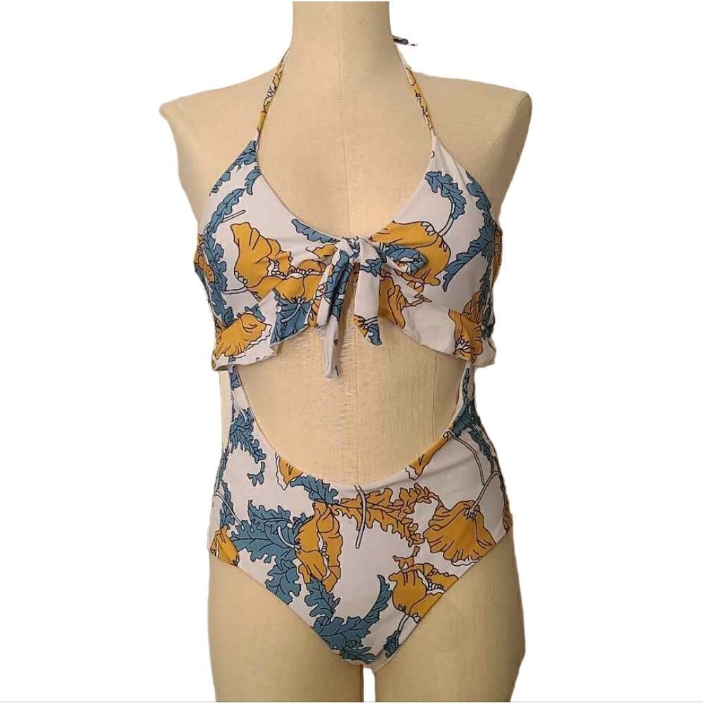 Monkini Suit Junior XL Gold Blue Floral Halter Tie Cut Out - Picture 11 of 12